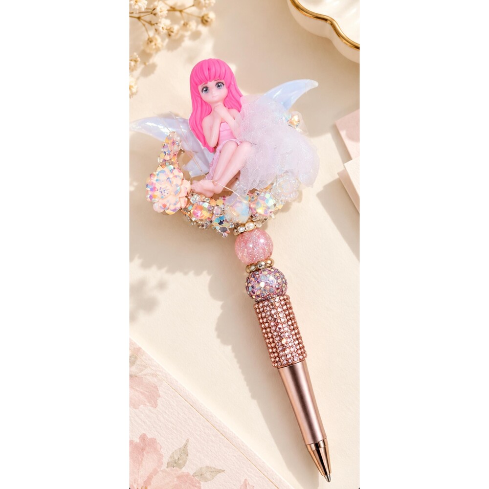 Pink Fairy Doll Beaded Pen, Rose Gold Rhinestone Pen